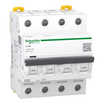 Schneider - Acti9 - iC60N - Disjoncteur - 4P - 32A - 6kA - courbe D - Réf : A9F75432