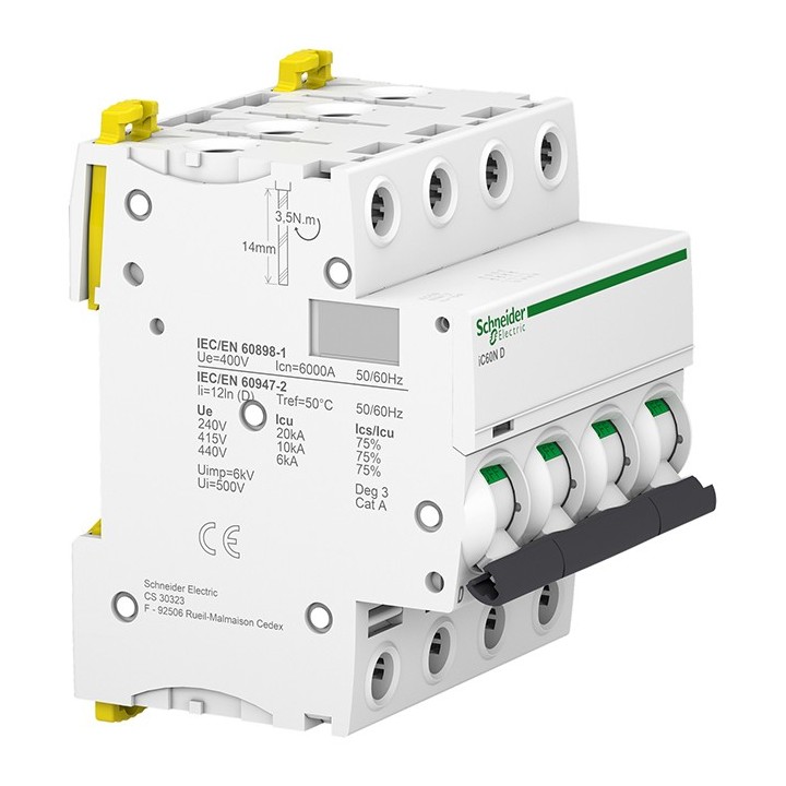 Schneider - Acti9 - iC60N - Disjoncteur - 4P - 50A - 6kA - courbe D - Réf : A9F75450
