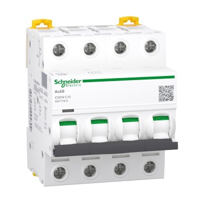 Schneider - Acti9 iC60N Disjoncteur 10A 4P courbe C 10kA 400V - Réf : A9F77410