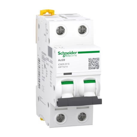 Schneider - Acti9 iC60N Disjoncteur 16A 2P courbe D 10kA 400V - A9F75216