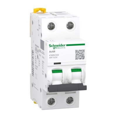 Schneider - Acti9 iC60N Disjoncteur 32A 2P courbe D 10kA 400V - Réf : A9F75232