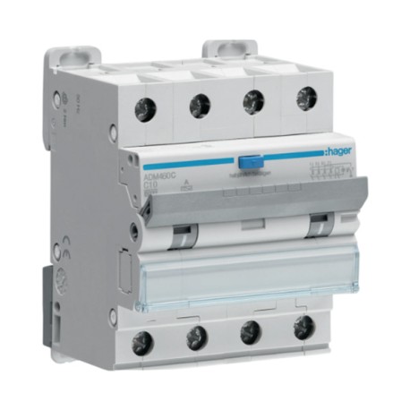 Hager - Disjoncteur différentiel - 4P - 6kA - Courbe C - 10A - 30mA - type A - Réf : ADM460C