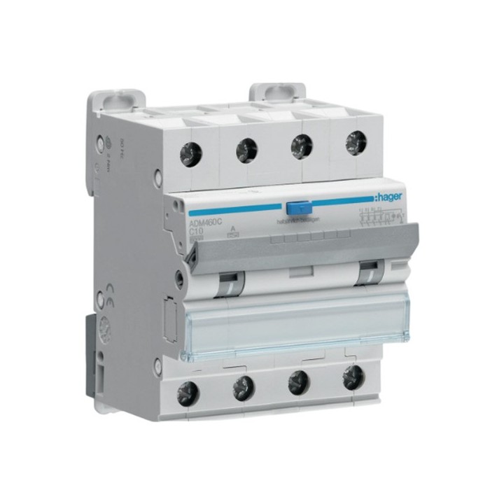 Hager - Disjoncteur différentiel - 4P - 6kA - Courbe C - 10A - 30mA - type A - Réf : ADM460C