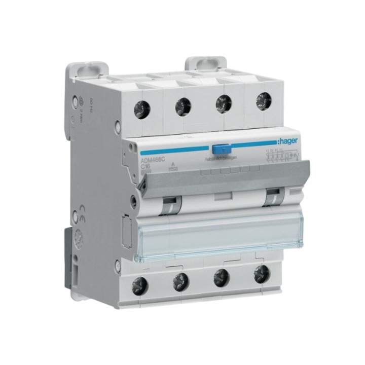 Hager - Disjoncteur différentiel - 4P - 6kA - Courbe C - 16A - 30mA - type A - Réf : ADM466C