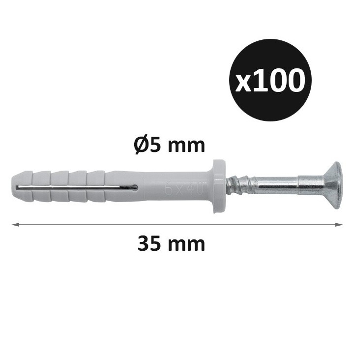 ING - Cheville à frapper Tape-Vis tête plate - Ø5mm x 35mm - Boîte de 100 - Réf : INGA270060