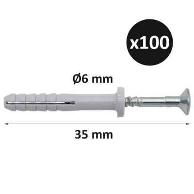 ING - Cheville à frapper Tap-Vis tête plate - Ø6mm x longueur 35 mm - Boîte de 100 - Réf : INGA270075