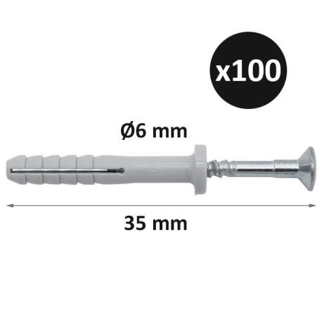 ING - Cheville à frapper Tap-Vis tête plate - Ø6mm x longueur 35 mm - Boîte de 100 - Réf : INGA270075