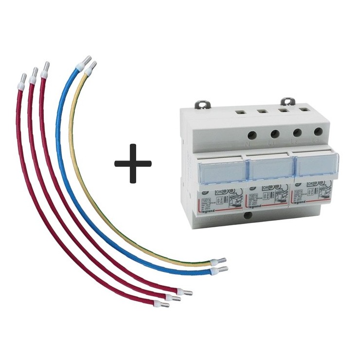 Kit Parafoudre + 5 cordons de raccordement - 16mm² - 40cm - 3 Rouges - 1 bleu - 1 vert/jaune - Réf : VRHTRI40-L-003953
