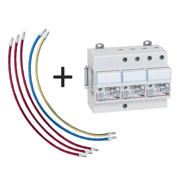 Kit Parafoudre + 5 cordons de raccordement - 16mm² - 40cm - 3 Rouges - 1 bleu - 1 vert/jaune - Réf : VRHTRI40-L-003973
