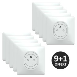 Schneider Ovalis - Lot de 10 Prises de courant complètes 2P+T affleurantes blanches dont 1 OFFERTE - Réf : S320052(9+1)