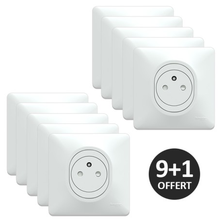 Schneider Ovalis - Lot de 10 Prises de courant complètes 2P+T affleurantes blanches dont 1 OFFERTE - Réf : S320052(9+1)