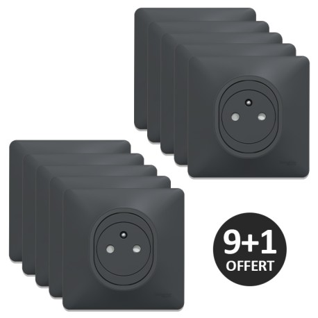 Schneider Ovalis - Lot de 10 Prises de courant complètes 2P+T affleurantes anthracites dont 1 OFFERTE - Réf : S340052(9+1)