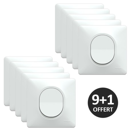 Schneider Ovalis - Lot de 10 interrupteurs va-et-vient complets blancs dont 1 OFFERT - Réf : S320204(9+1)