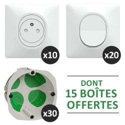 Schneider Probox Ovalis - Lot de 10 Prises + 20 Va-et-vient + 30 Plaques + 30 Boîtes dont 15 OFFERTES - Blanc - Réf : PBX0010