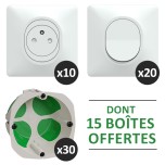 Schneider Probox Ovalis - Lot de 10 Prises + 20 Va-et-vient + 30 Plaques + 30 Boîtes dont 15 OFFERTES - Blanc - Réf : PBX0010