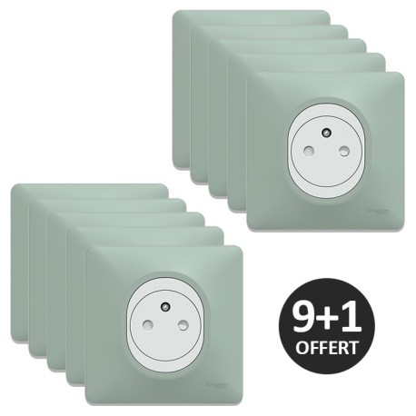 Schneider Ovalis - Lot de 10 Prises complètes 2P+T affleurantes dont 1 OFFERTE - Plaques couleur sauge - Réf : S320702A-PS