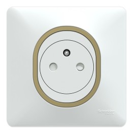 Schneider Ovalis - Prise de courant complète 2P+T affleurante - Plaque blanche avec bague effet laiton - Réf : S320052-PL01