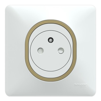 Schneider Ovalis - Prise de courant complète 2P+T affleurante - Plaque blanche avec bague effet laiton - Réf : S320052-PL01