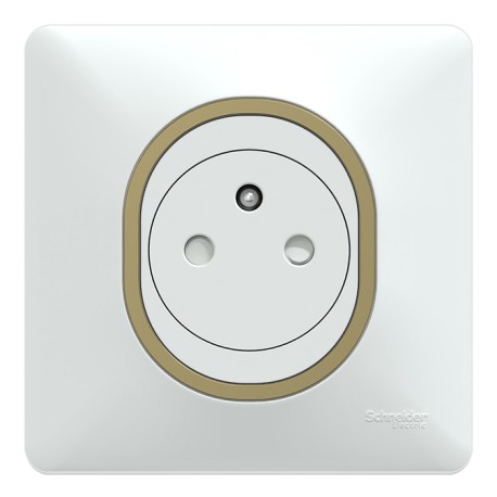 Schneider Ovalis - Prise de courant complète 2P+T affleurante - Plaque blanche avec bague effet laiton - Réf : S320052-PL01