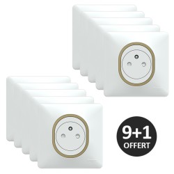 Schneider Ovalis - Lot de 10 Prises complètes 2P+T affleurantes dont 1 OFFERTE - Plaque blanche bague laiton - Réf : S320052-PL