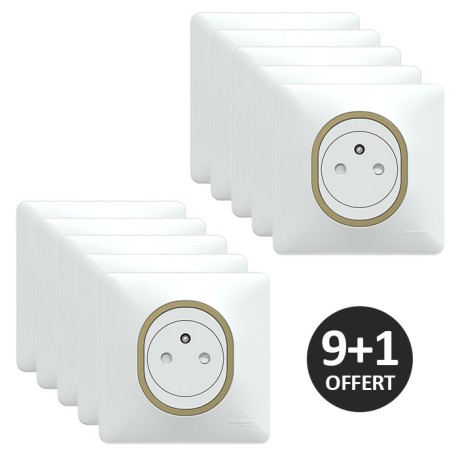 Schneider Ovalis - Lot de 10 Prises complètes 2P+T affleurantes dont 1 OFFERTE - Plaque blanche bague laiton - Réf : S320052-PL