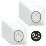 Schneider Ovalis - Lot de 10 Prises complètes 2P+T affleurantes dont 1 OFFERTE - Plaque blanche bague laiton - Réf : S320052-PL
