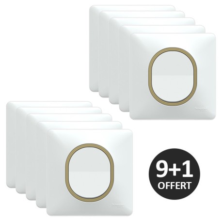 Schneider Ovalis - Lot de 10 interrupteurs complets dont 1 OFFERT - Plaque blanche bague effet laiton - Réf : S320204-PL2