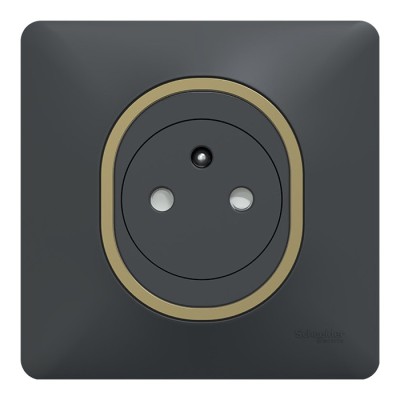 Schneider Ovalis - Prise complète 2P+T affleurante - Plaque anthracite avec bague effet laiton - Réf : S340052-PL01