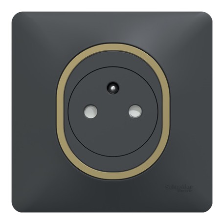 Schneider Ovalis - Prise complète 2P+T affleurante - Plaque anthracite avec bague effet laiton - Réf : S340052-PL01