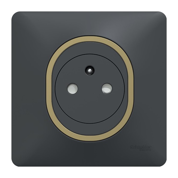 Schneider Ovalis - Prise complète 2P+T affleurante - Plaque anthracite avec bague effet laiton - Réf : S340052-PL01