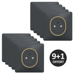 Schneider Ovalis - Lot de 10 Prises complètes 2P+T affleurantes dont 1 OFFERTE - Plaque anthracite bague laiton -Réf: S340052-PL