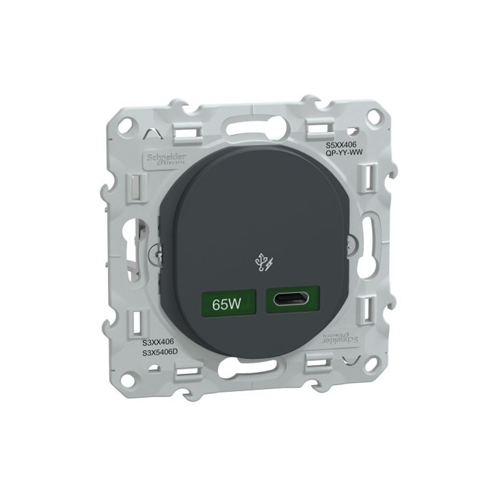 Schneider - Ovalis - Chargeur USB-C 65W - Forte puissance pour charge app. mobiles - Anth - Réf : S340406