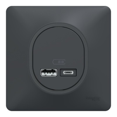 Schneider Ovalis - Double chargeur USB A+C 12W complet anthracite - Réf : S340401-P
