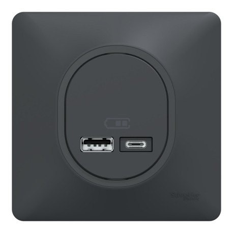 Schneider Ovalis - Double chargeur USB A+C 12W complet anthracite - Réf : S340401-P
