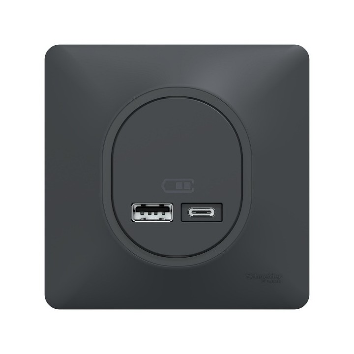 Schneider Ovalis - Double chargeur USB A+C 12W complet anthracite - Réf : S340401-P