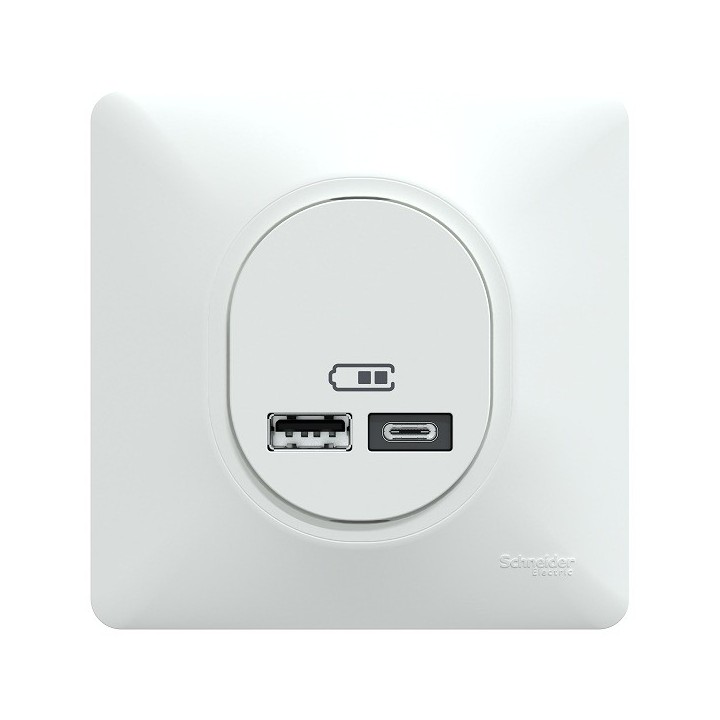 Schneider - Ovalis - Double chargeur USB A+C 12W complet blanc - Réf : S320401-P