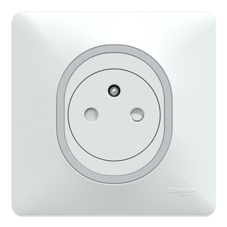 Schneider Ovalis - Prise de courant complète 2P+T affleurante - Plaque Blanche avec bague effet Argent Chromé - Réf: S320702F-P1