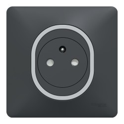 Schneider Ovalis - Prise de courant complète 2P+T affleurante - Plaque Anthracite bague effet Argent Chromé - Réf : S340702G-P1