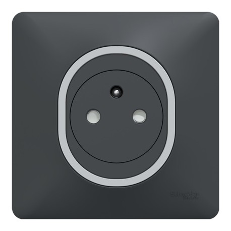 Schneider Ovalis - Prise de courant complète 2P+T affleurante - Plaque Anthracite bague effet Argent Chromé - Réf : S340702G-P1