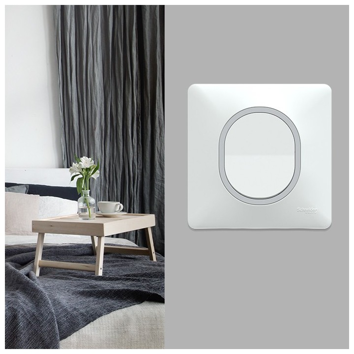 Schneider Ovalis - Interrupteur complet blanc - Plaque Blanche avec bague effet Argent Chromé - Réf : S320702F-P2