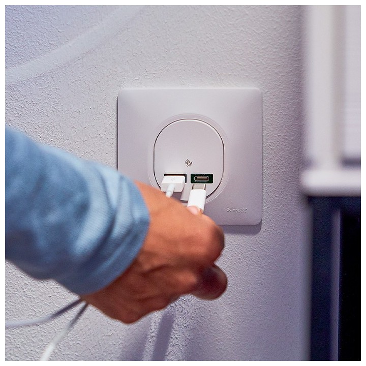 Schneider Ovalis - Chargeur USB type A 7,5W + C 45W complet blanc - Forte puissance type C - Réf : S320403-P