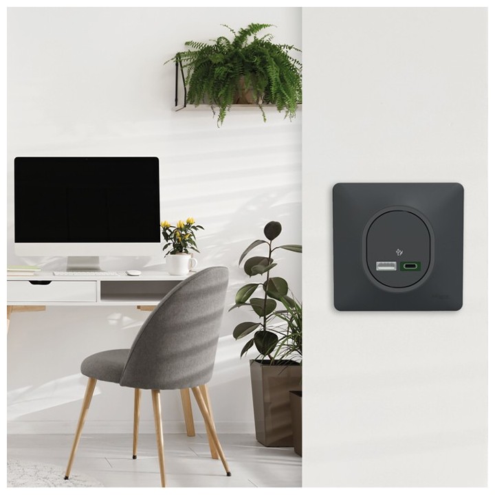 Schneider Ovalis - Chargeur USB type A 7,5W + C 45W complet anthracite - Forte puissance type C - Réf : S340403-P