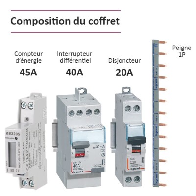 Legrand - Coffret précâblé pour recharge véhicule électrique avec compteur énergie 45A - Réf : 001904-02-Précablé