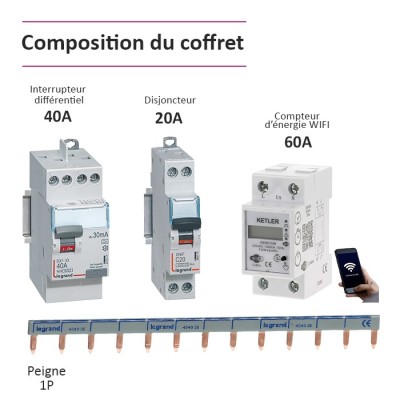 Legrand - Coffret précâblé pour recharge véhicule électrique avec compteur d'énergie WIFI 60A - Réf : 001908-02-Précablé