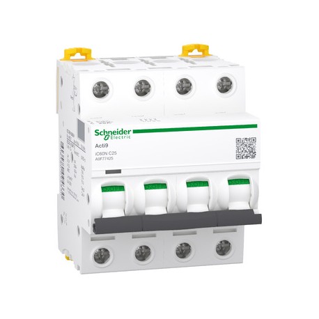 Schneider - Acti9 iC60N Disjoncteur - 25A - 4P - courbe C - 10kA 400V - Réf : A9F77425