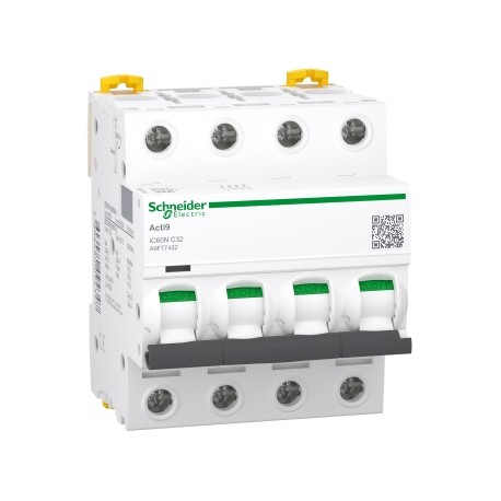 Schneider - Acti9 iC60N Disjoncteur - 32A - 4P - courbe C - 10kA 400V - Réf : A9F77432