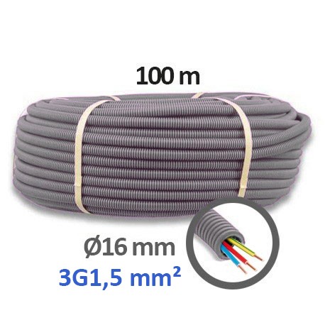 Qofil+ - Gaine électrique ICTA préfilée 3G1.5 R/B/VJ D16 - Couronne de 100m - Réf : QOF1631501