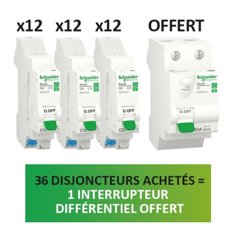 Schneider - ProBox Rési9 XE - 3 x 12 disjoncteurs de 10A - 16A - 20A - Courbe C embrochable + 1 Inter diff AC 63A OFFERT