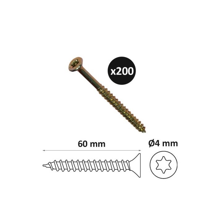 ING - Vis à bois Torx tête fraisée Ø4mm x longueur 60mm - Boite de 200 - Réf : INGA199322