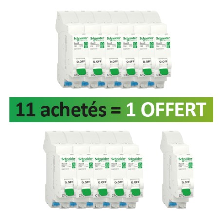 Schneider - Resi9 XE - Lot de 12 disjoncteurs modulaires - 1P+N - 16A - courbe C - embrochable - 1 OFFERT - Réf : R9EFC616(12)